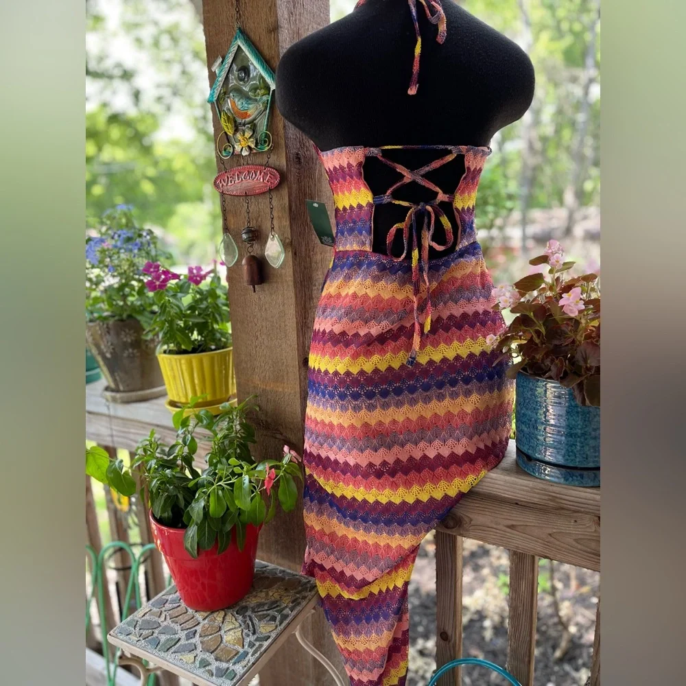 Wild Fable Halter Multi-Color Lace Overlay Strappy Backside Maxi Dress NWT M - Picture 6 of 9